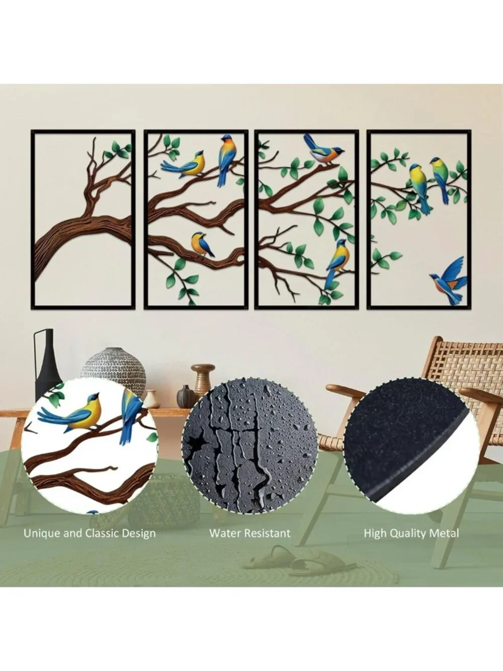 4-Piece Large Metal Birds & Branch Wall Art - Colorful Tree of Life Sculpture